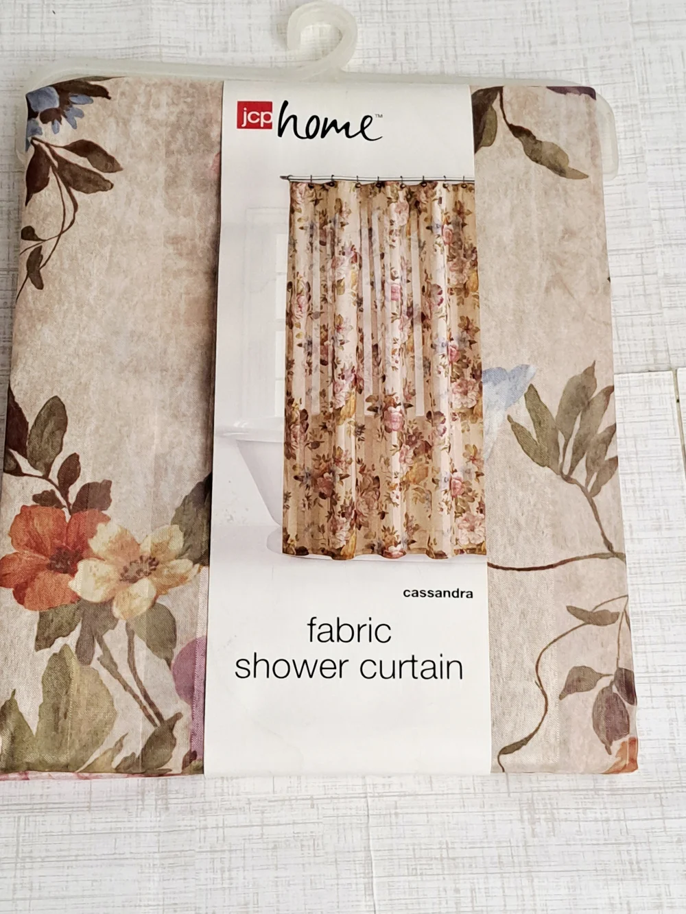 JCPenney Home Cassandra Floral Fabric Shower Curtain - Beige with Pink & Green